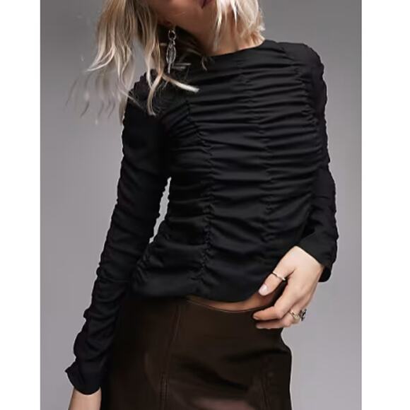 New ~ TOPSHOP NORDSTROM ~ Women's Black Ruched Shirred Blouse Top Size 2 - Picture 2 of 6